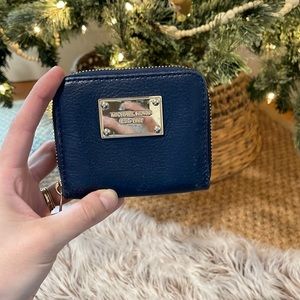 Authentic Micheal Kors Square Dark Blue Pebbled Leather Wallet